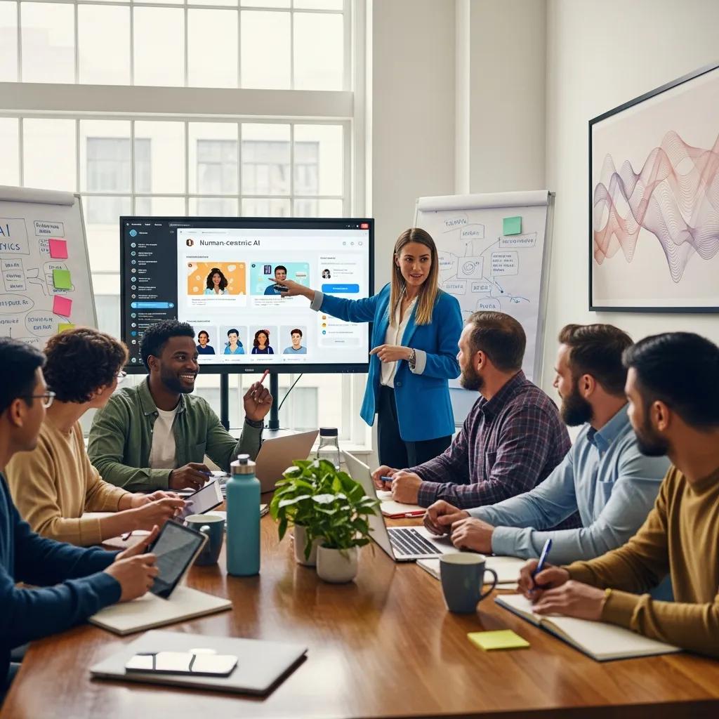 Employees participating in a training session on human-centric AI solutions in a collaborative workspace