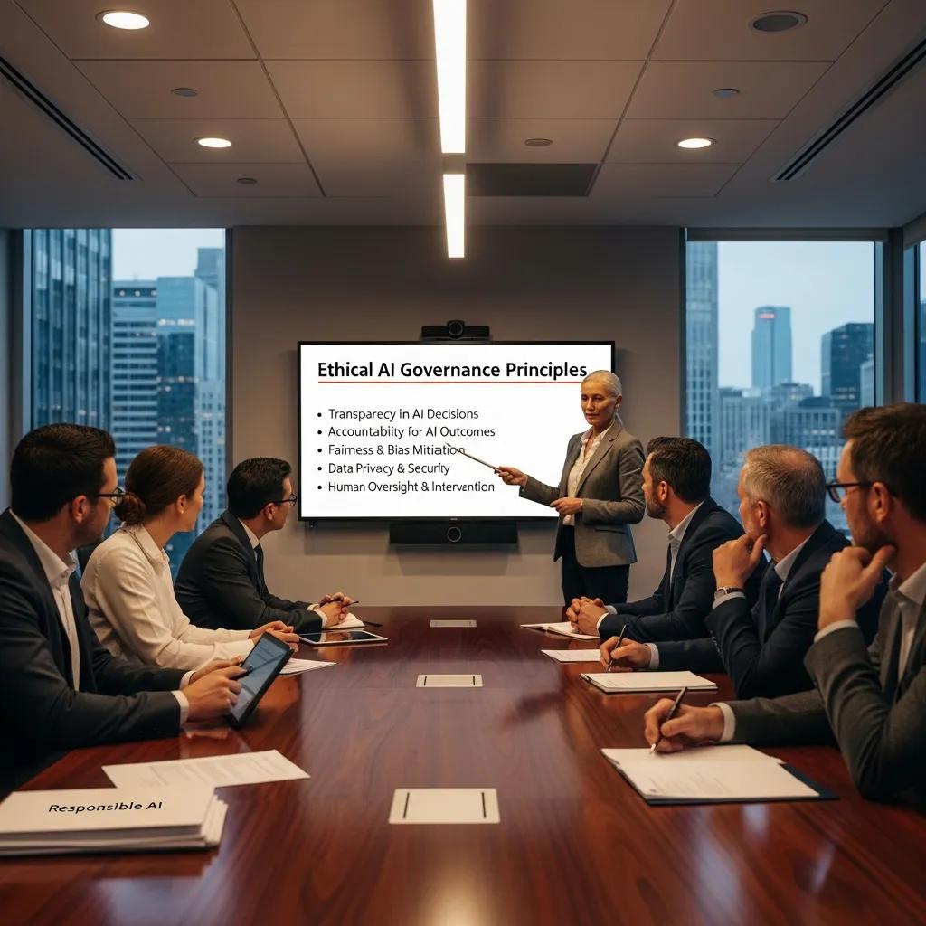 Executives discussing ethical AI governance principles in a boardroom