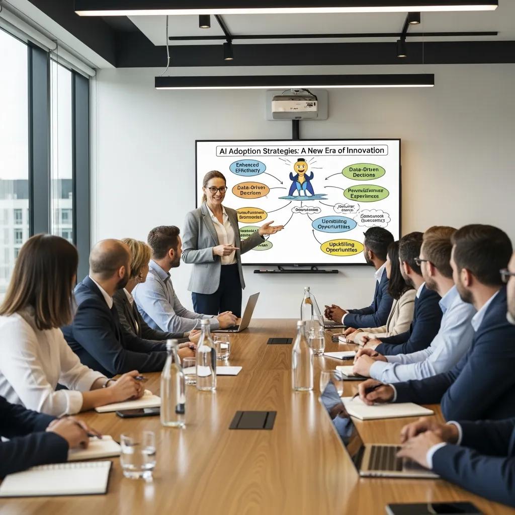 Leader presenting AI adoption strategies to engaged employees in a conference room