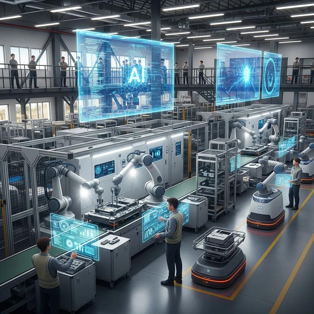 Manufacturing facility showcasing AI integration with human workers