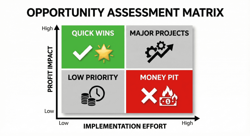 Opportunity Assessment Matrix illustrating Quick Wins, Major Projects, Low Priority, and Money Pit quadrants, emphasizing profit impact and implementation effort for strategic AI opportunities.