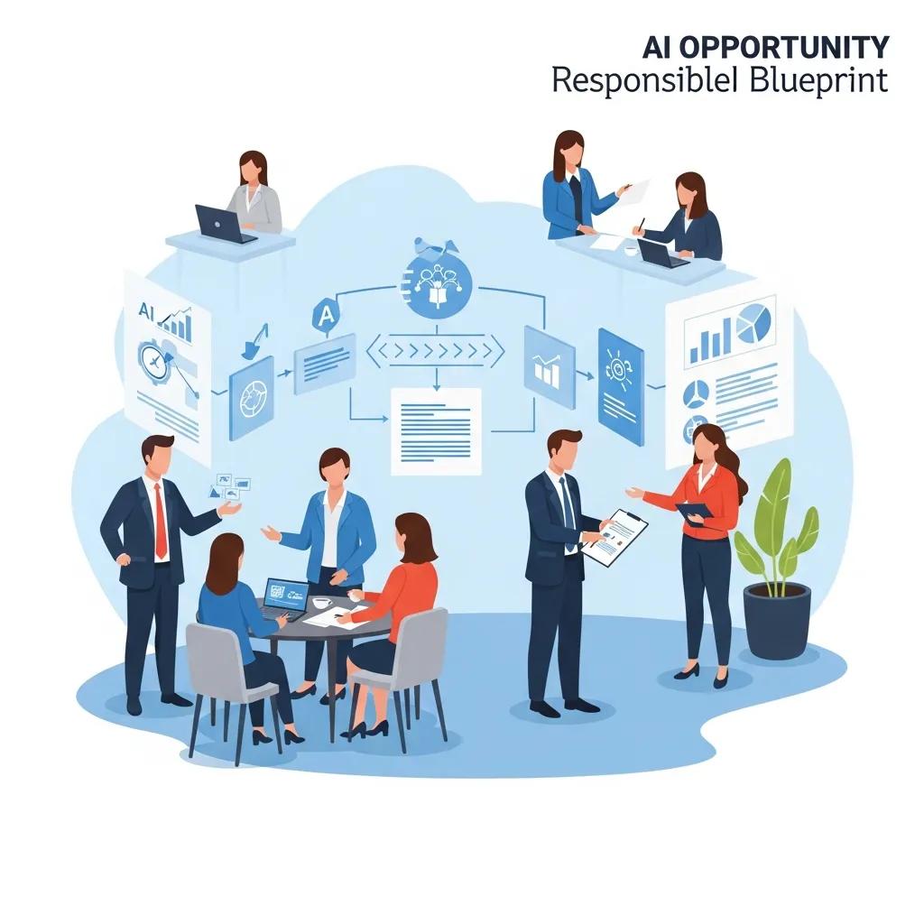 Professionals collaborating on the AI Opportunity Blueprint steps for responsible AI adoption, highlighting governance and ethics