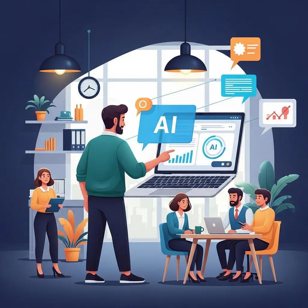 Small business owner engaging with AI technology in a modern office, showcasing innovation and ethical responsibility