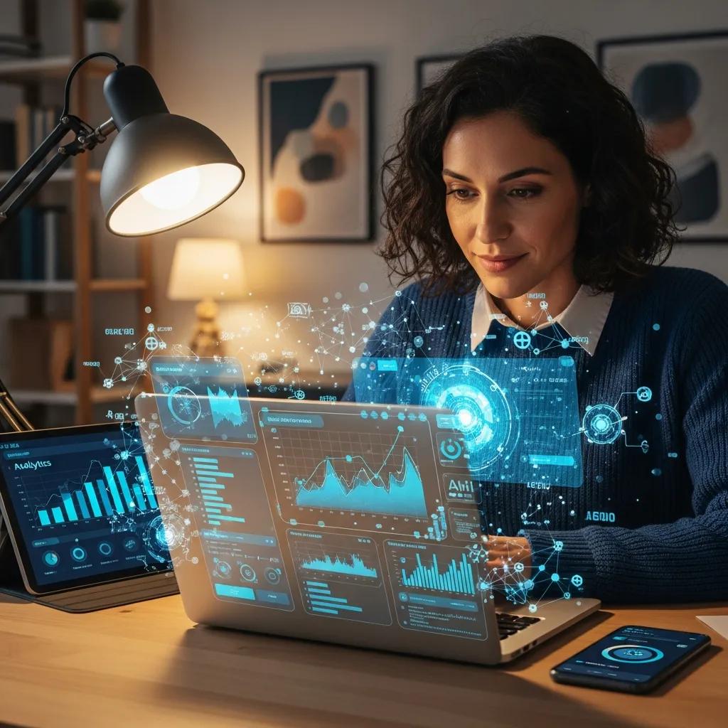 Small business owner engaging with AI tools in a modern workspace