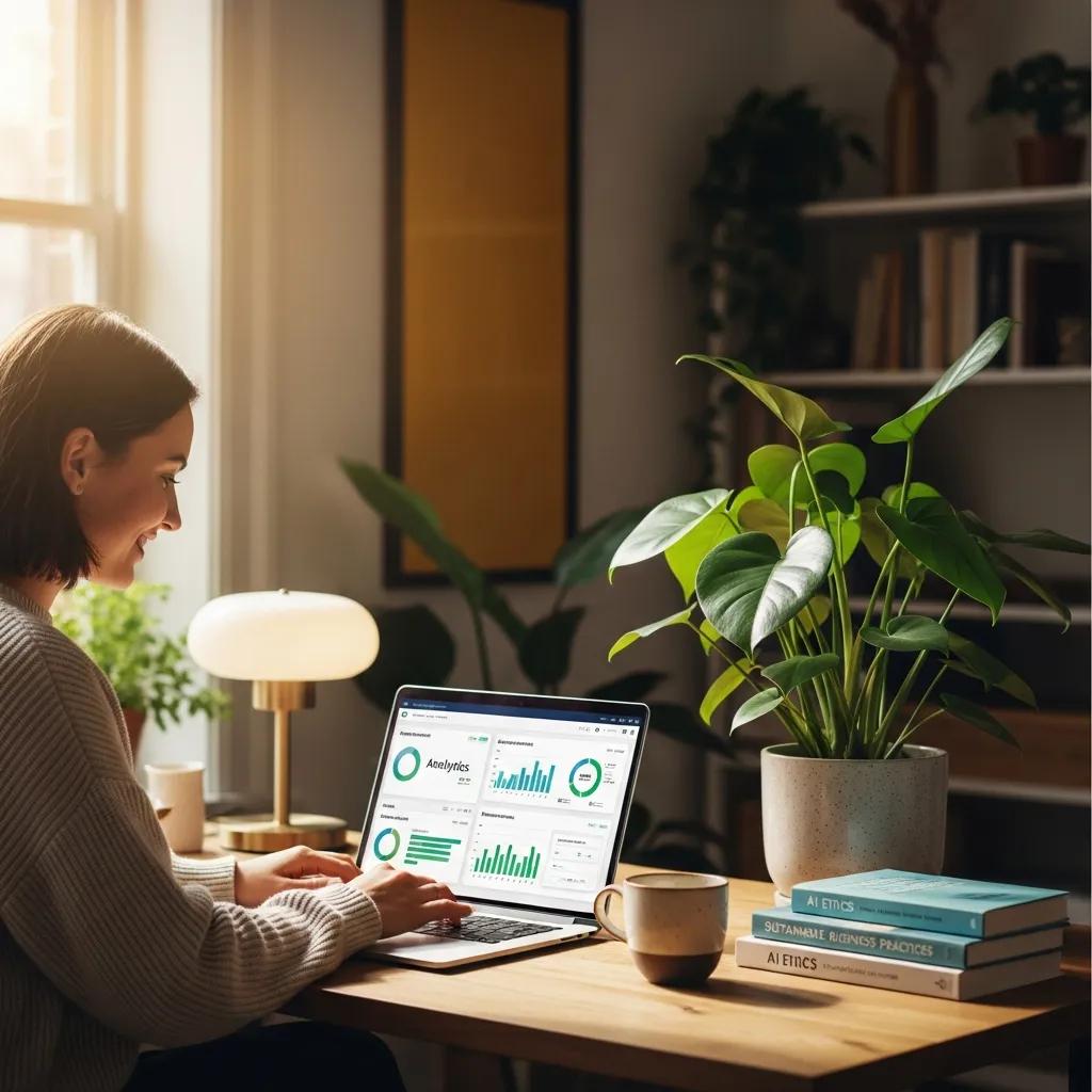 Small business owner engaging with ethical AI tools in a cozy workspace