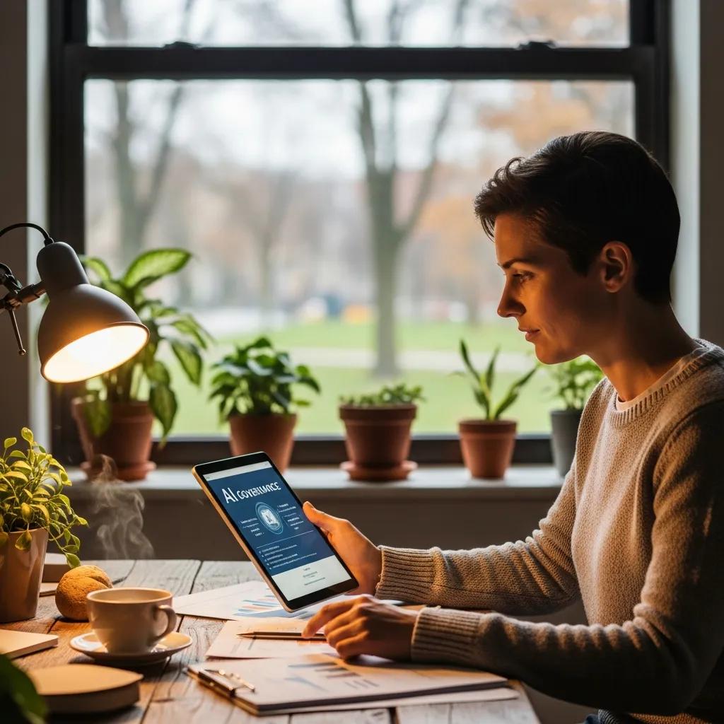 Small business owner reviewing AI governance framework on a tablet