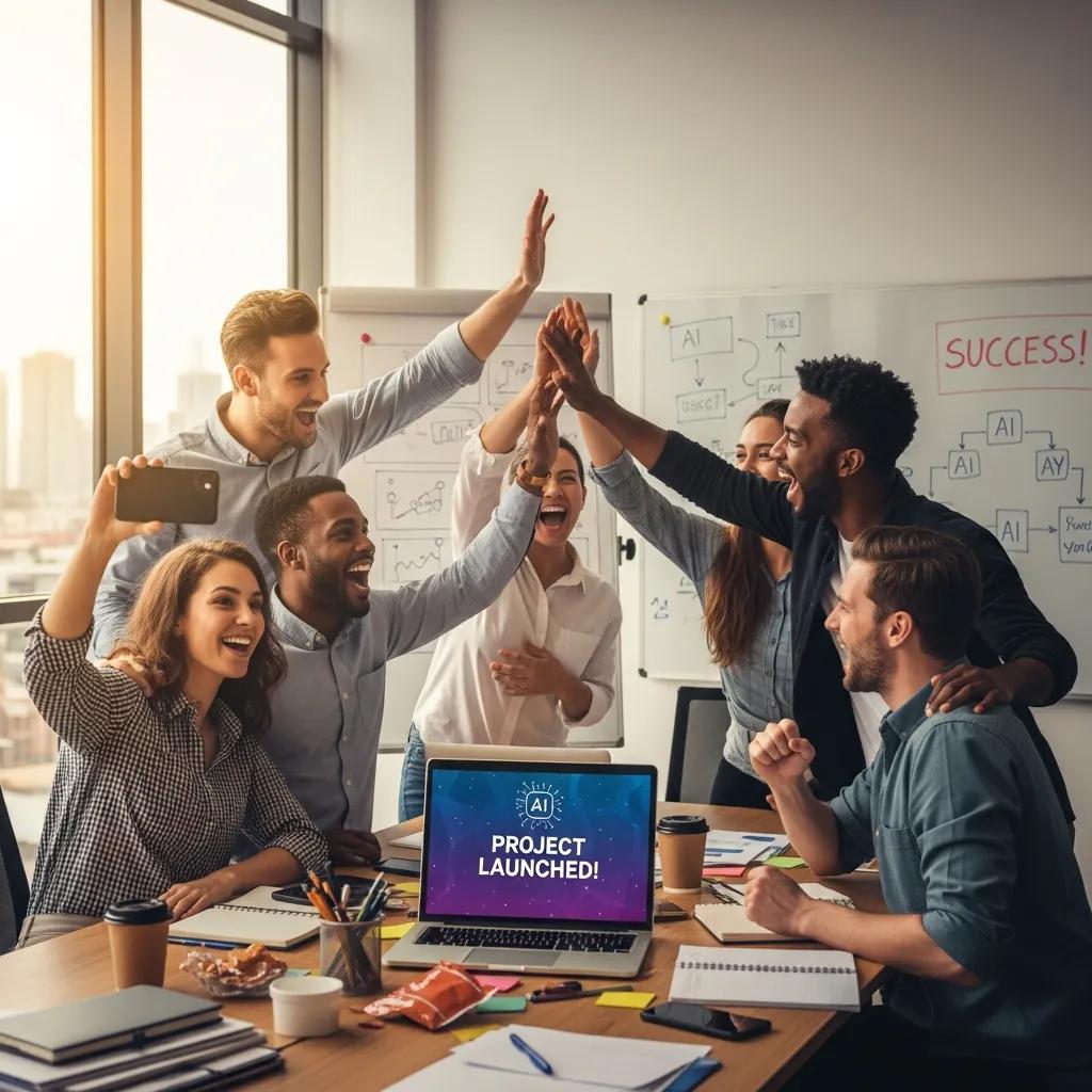 Small business team celebrating the success of an AI project launch