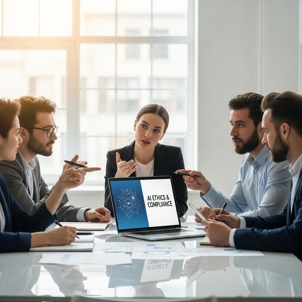Small business team collaborating on AI ethics and compliance strategies