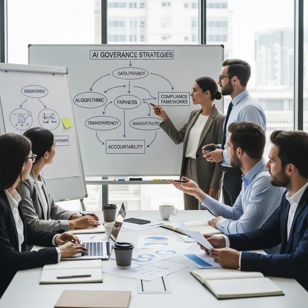 Small business team discussing best practices for AI governance and compliance