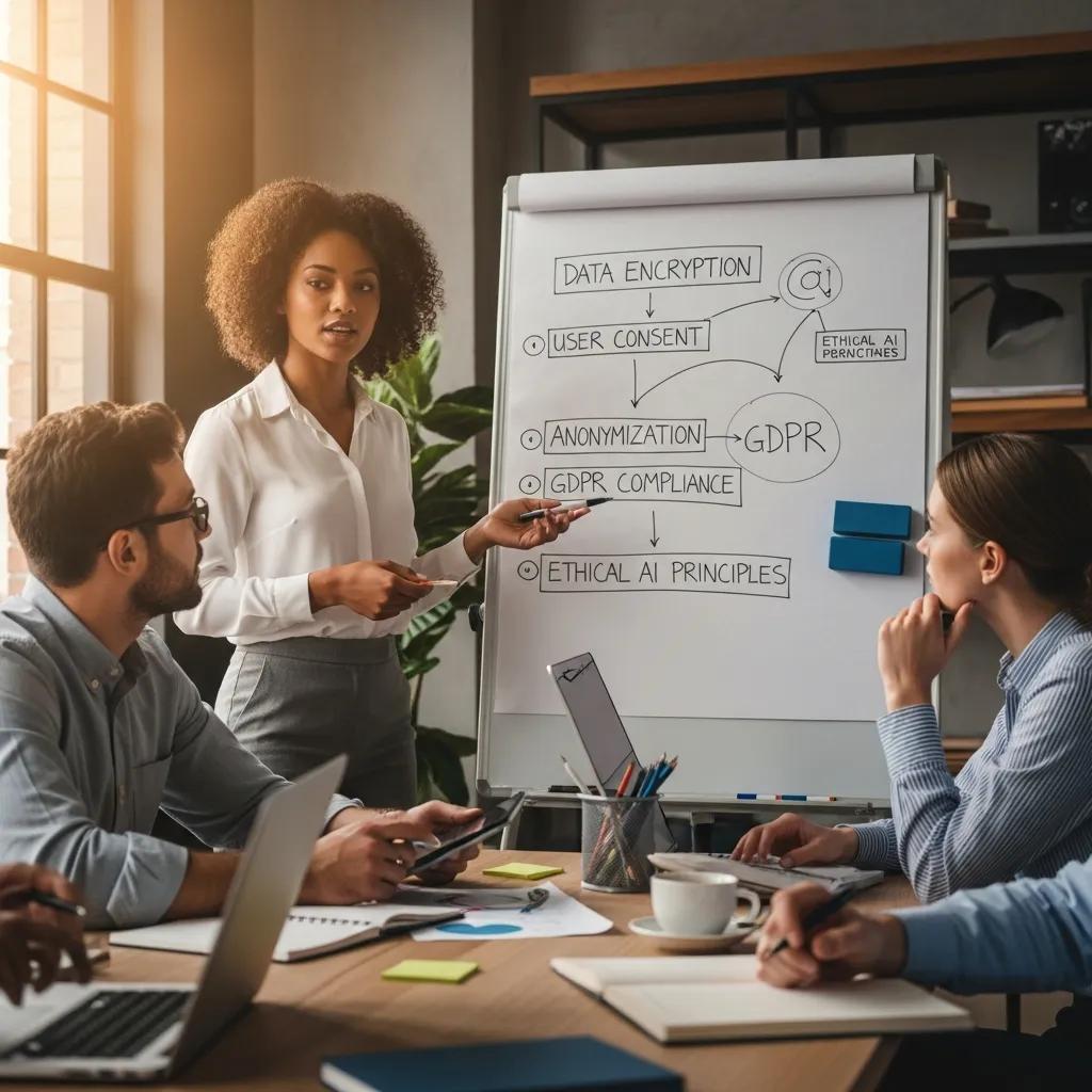 Small business team participating in an AI ethics training session focused on data privacy