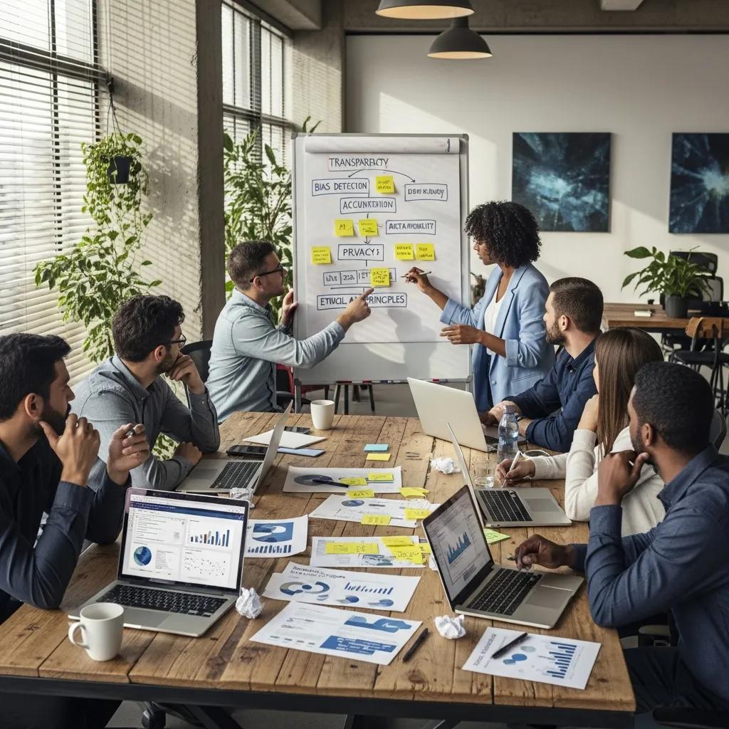 Startup team collaborating on fractional AI governance strategies in a modern office