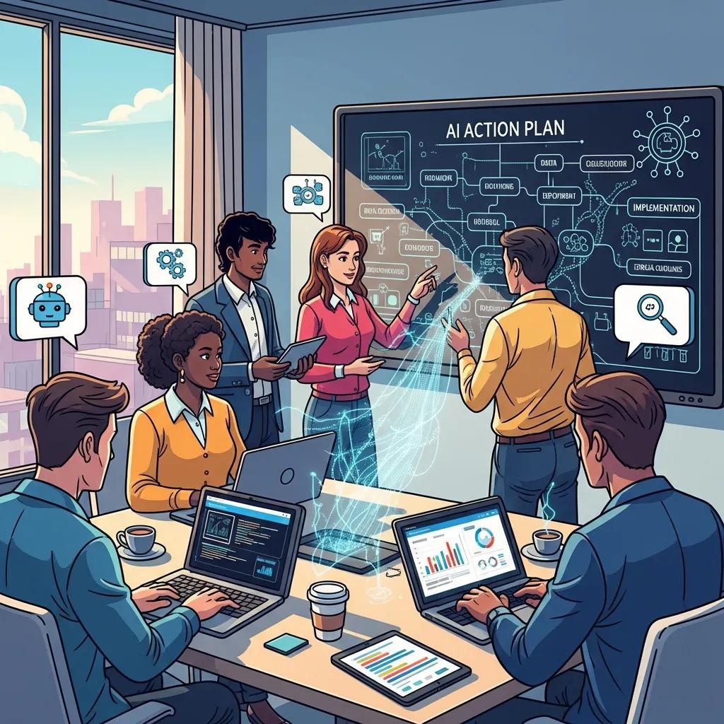 Team collaboration on AI action plan in a modern office setting