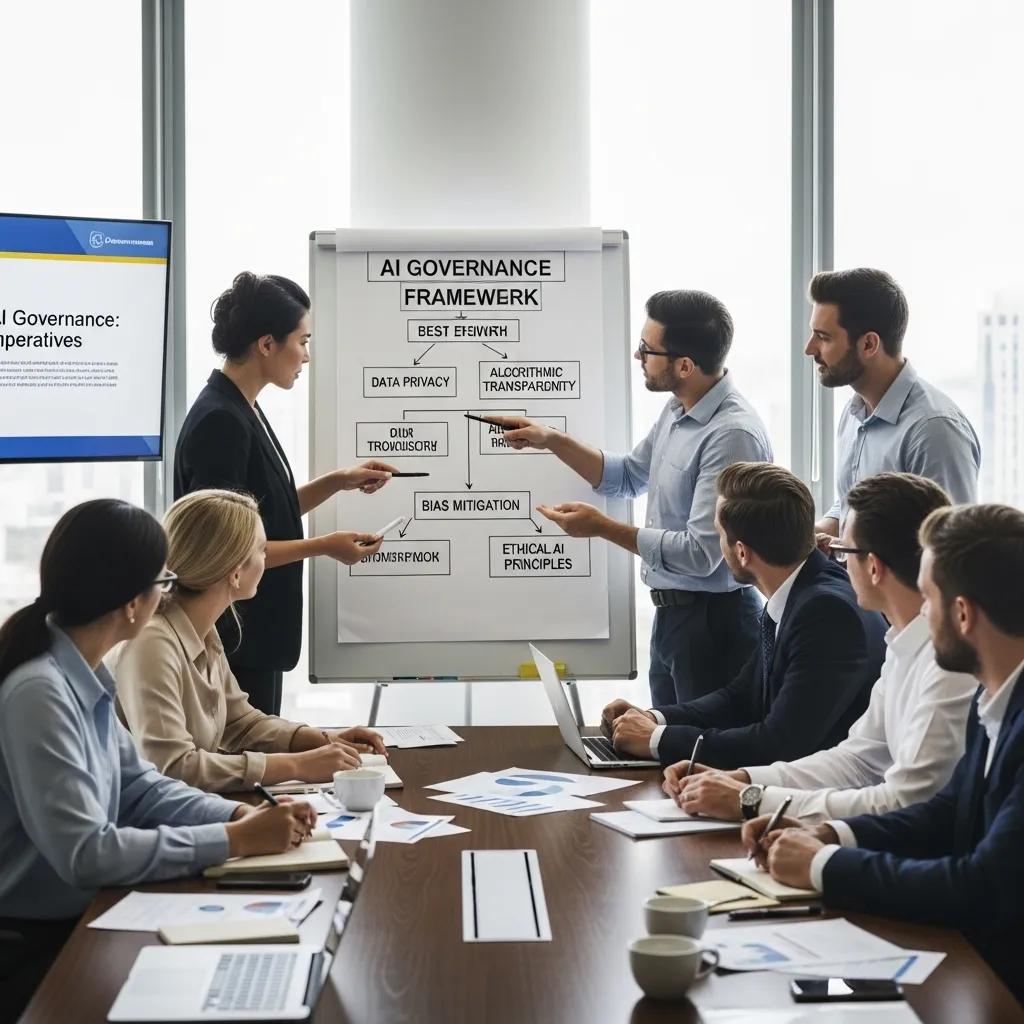 Team discussing best practices for AI governance and compliance in a professional setting
