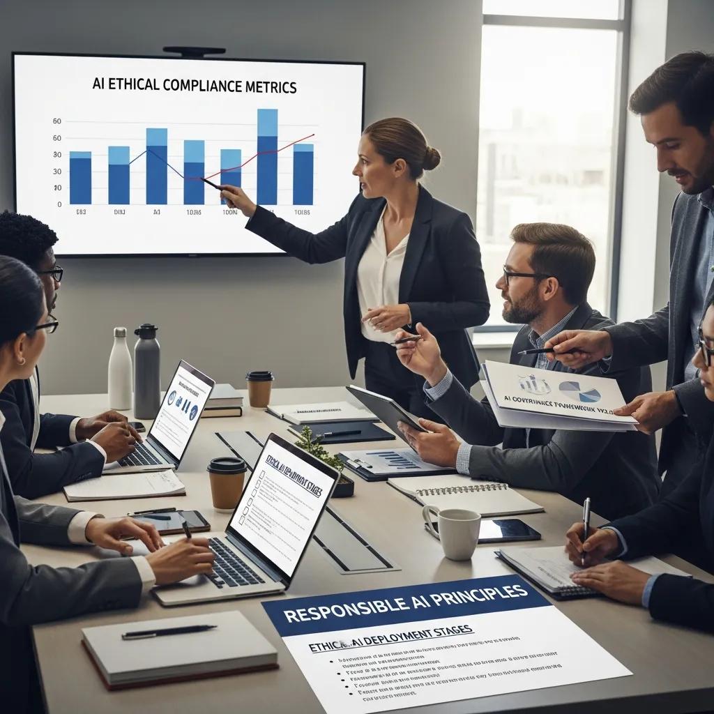 Team discussing best practices for AI governance in an ethical deployment meeting