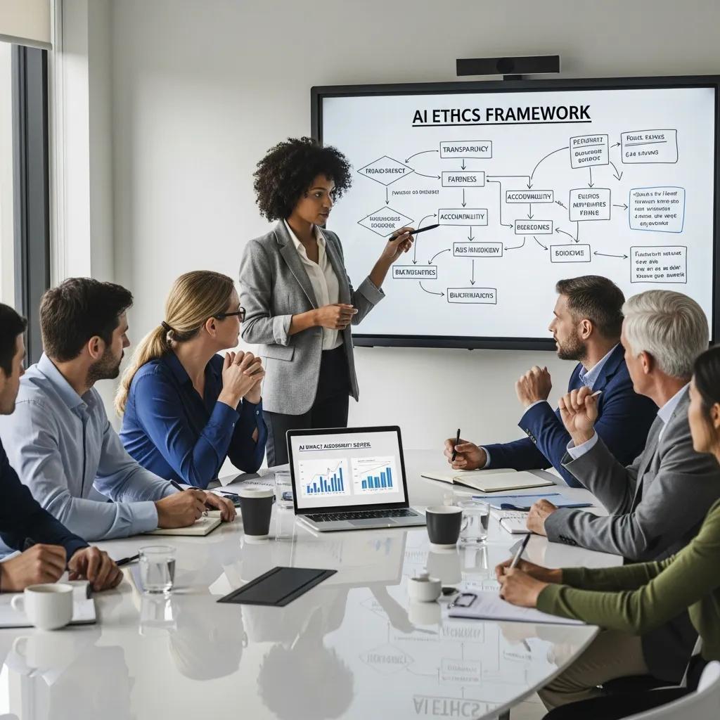 Team discussing ethical AI practices and governance in a meeting room, with a presenter pointing at an "AI Ethics Framework" on a screen and charts displayed on a laptop.