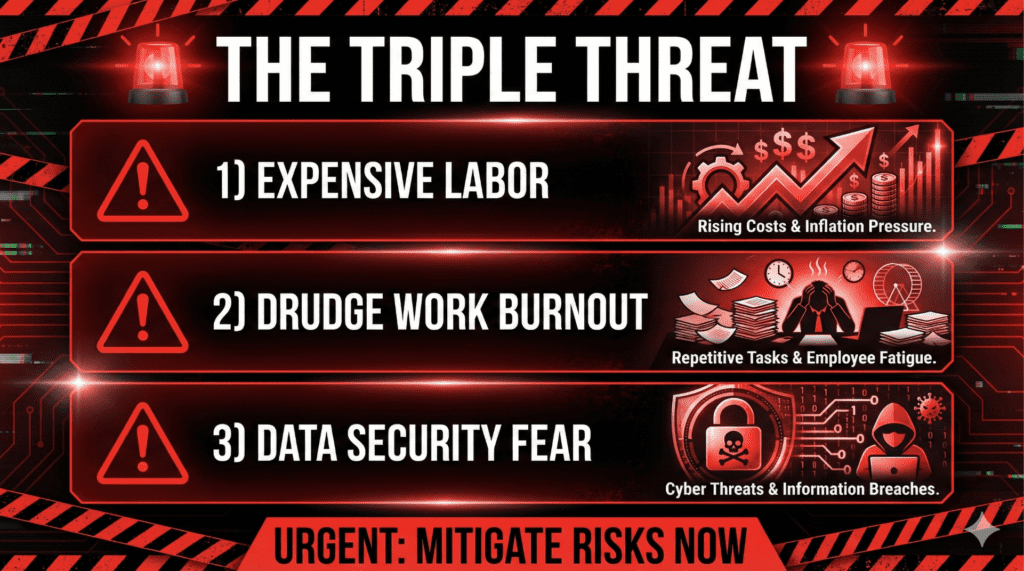 Graphic illustrating "The Triple Threat" with three sections: 1) Expensive Labor, highlighting rising costs and inflation; 2) Drudge Work Burnout, addressing repetitive tasks and employee fatigue; 3) Data Security Fear, focusing on cyber threats and information breaches; urgent call to mitigate risks now.
