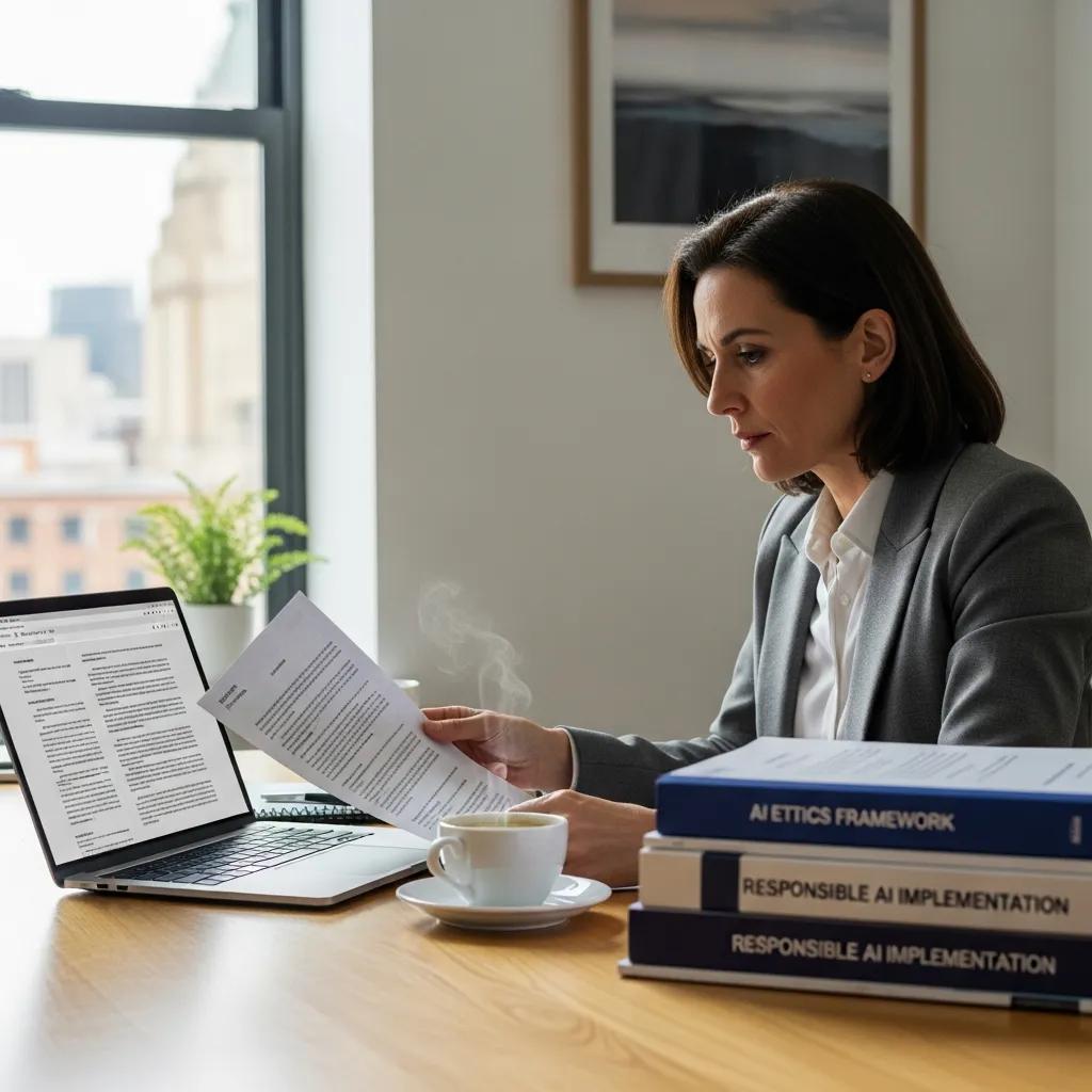 Business leader reviewing AI governance documents in a professional office
