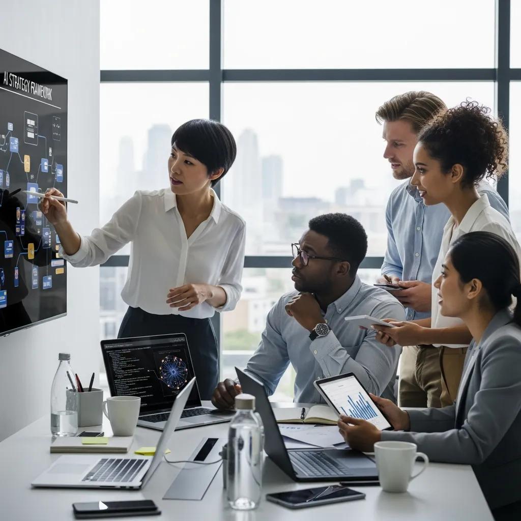 Business professionals collaborating on AI strategies in a modern office