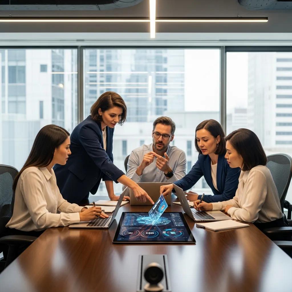 Business professionals collaborating on AI strategies in a modern office setting