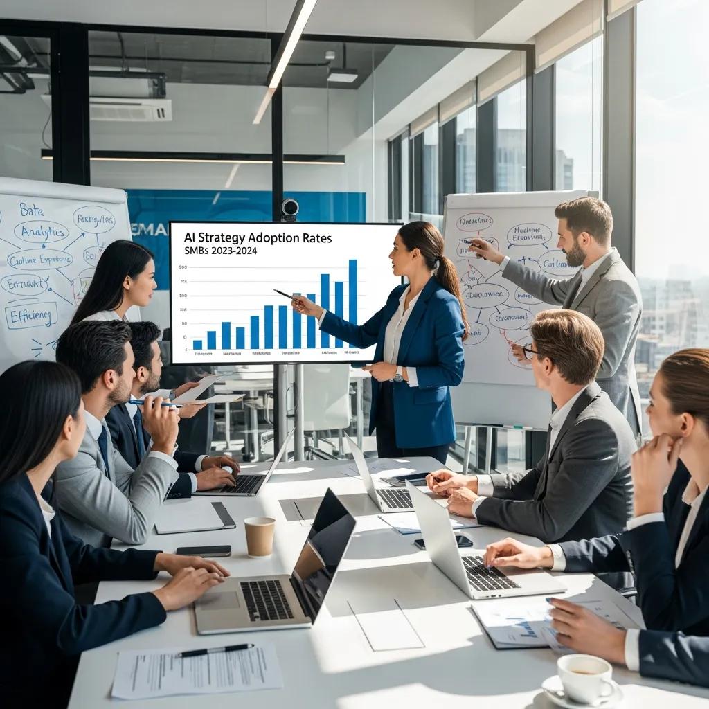 Business professionals collaborating on AI strategies in a modern office setting