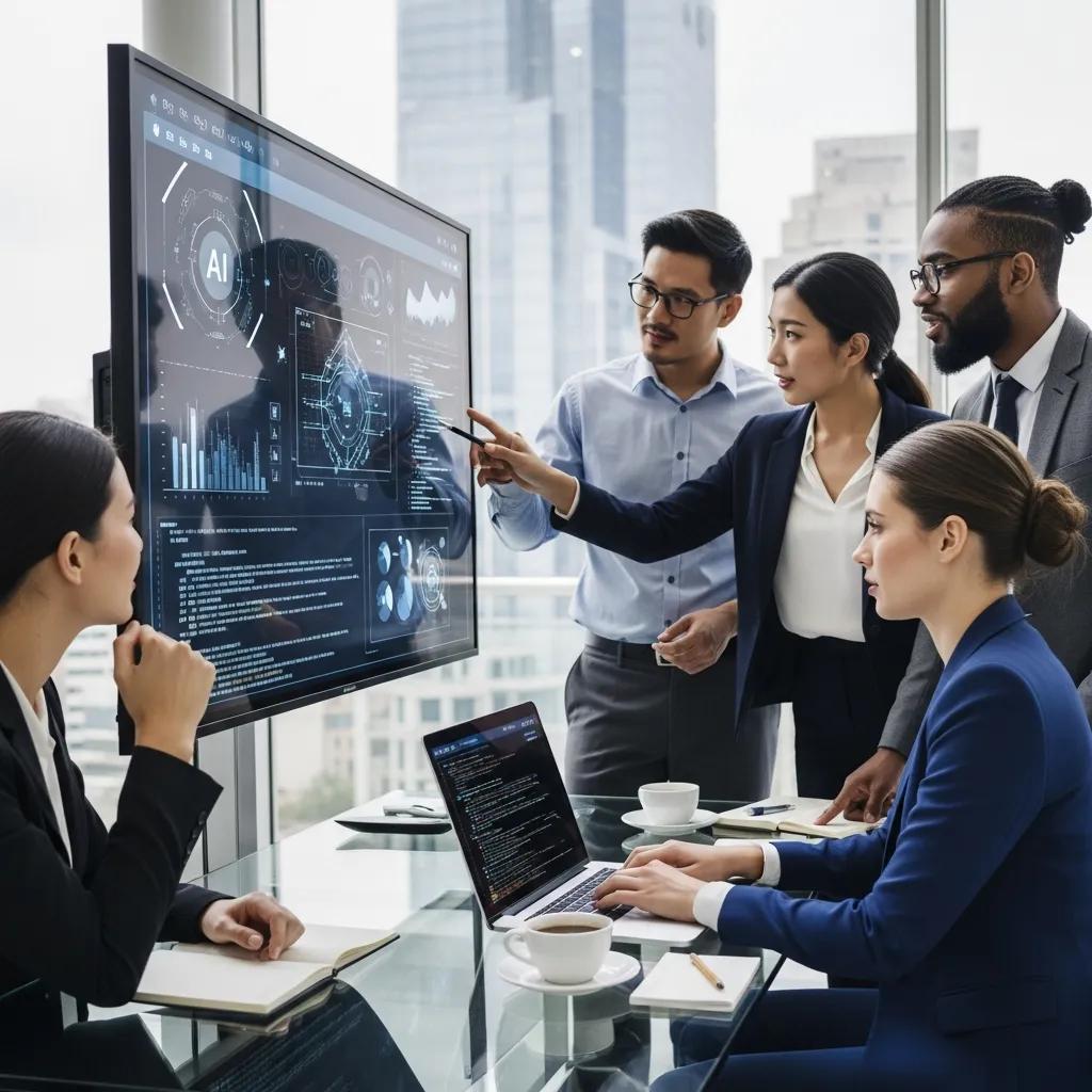 Business professionals collaborating on AI strategy in a modern office