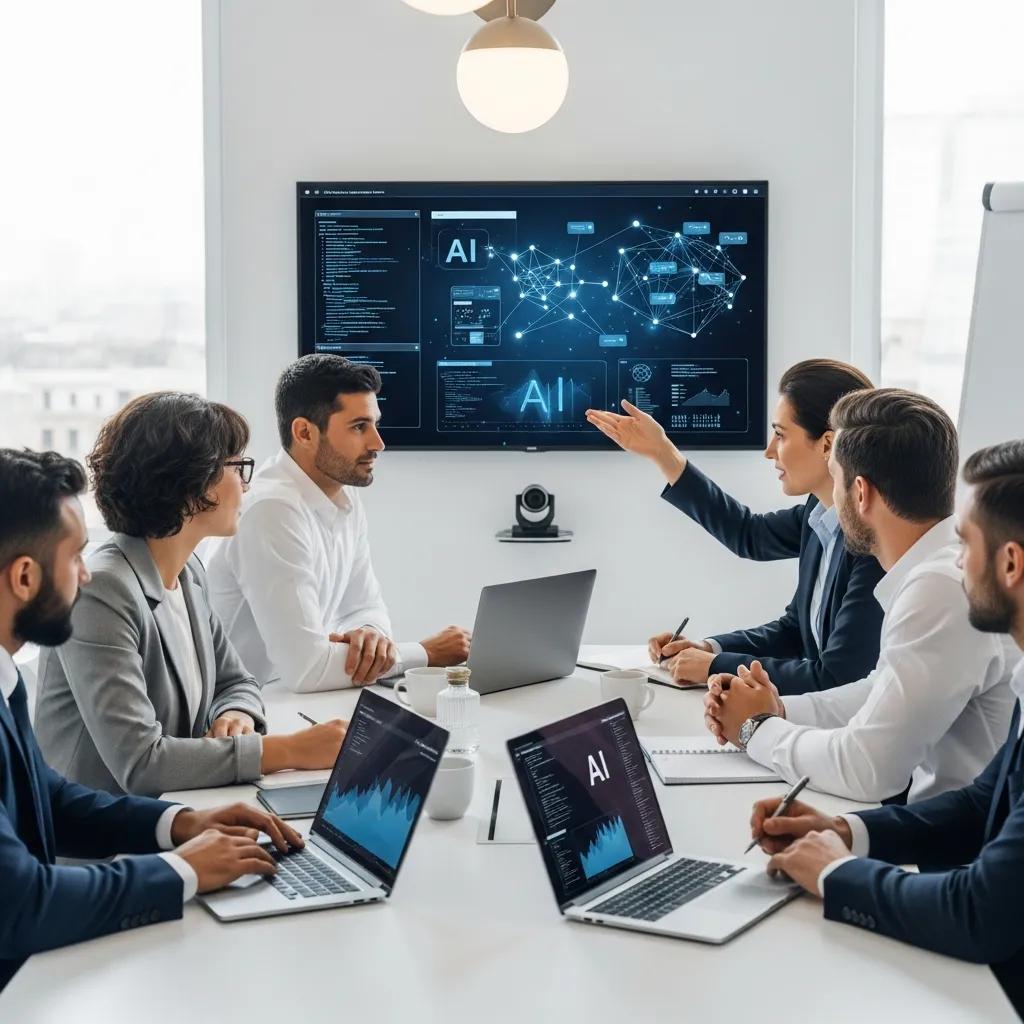 Business professionals collaborating on AI strategy in a modern office setting