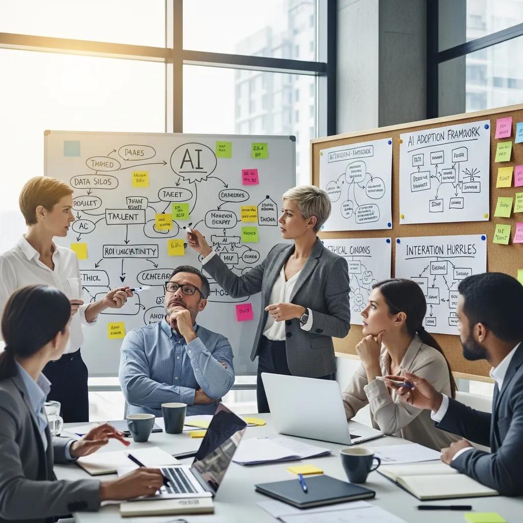 Business team brainstorming solutions to AI adoption challenges
