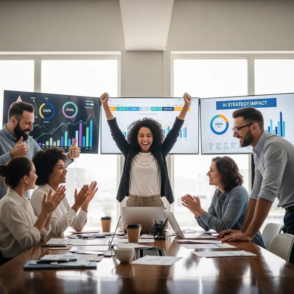 Business team celebrating success from AI implementation in the office