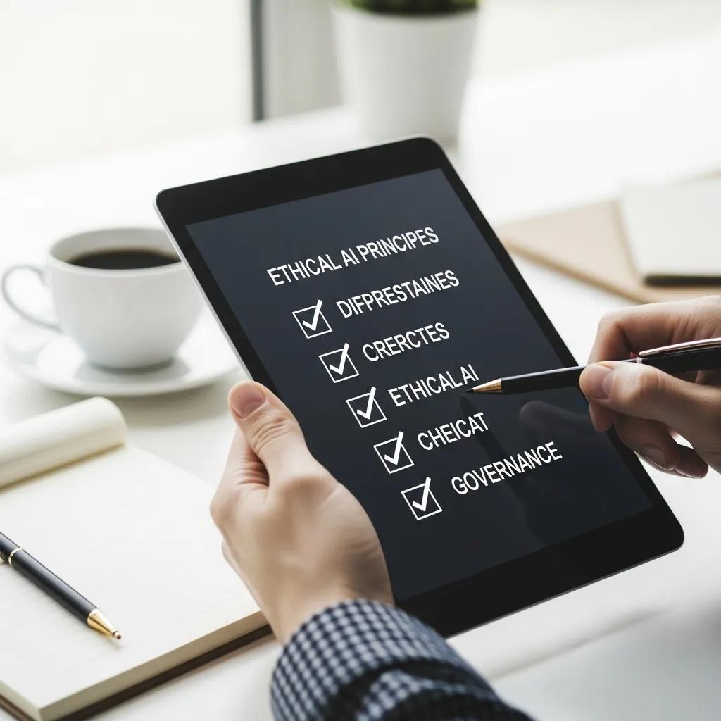 Checklist of ethical AI principles on a tablet, emphasizing responsible AI governance
