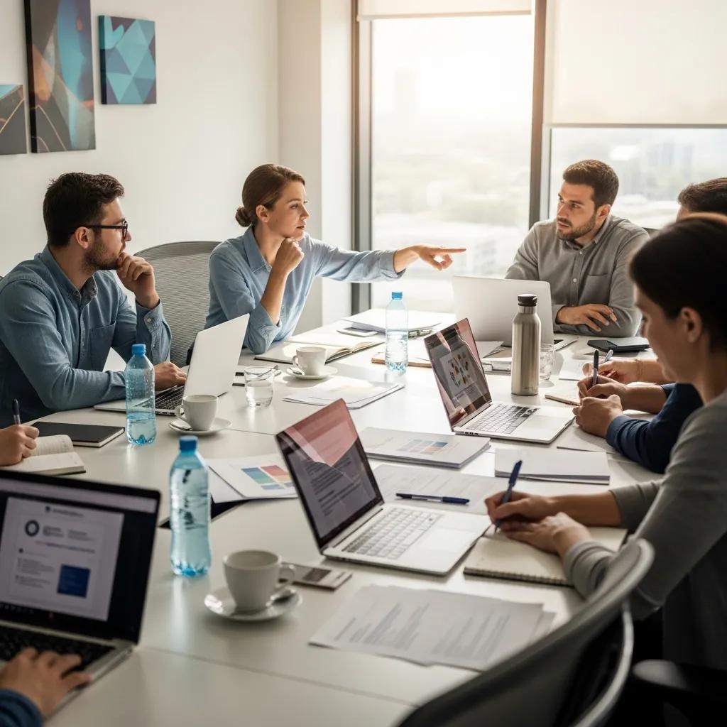 Cross-functional review committee discussing human-centric AI governance in a conference room