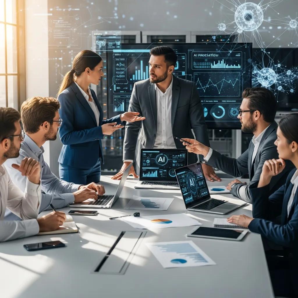 Diverse business executives collaborating on AI strategies in a modern office