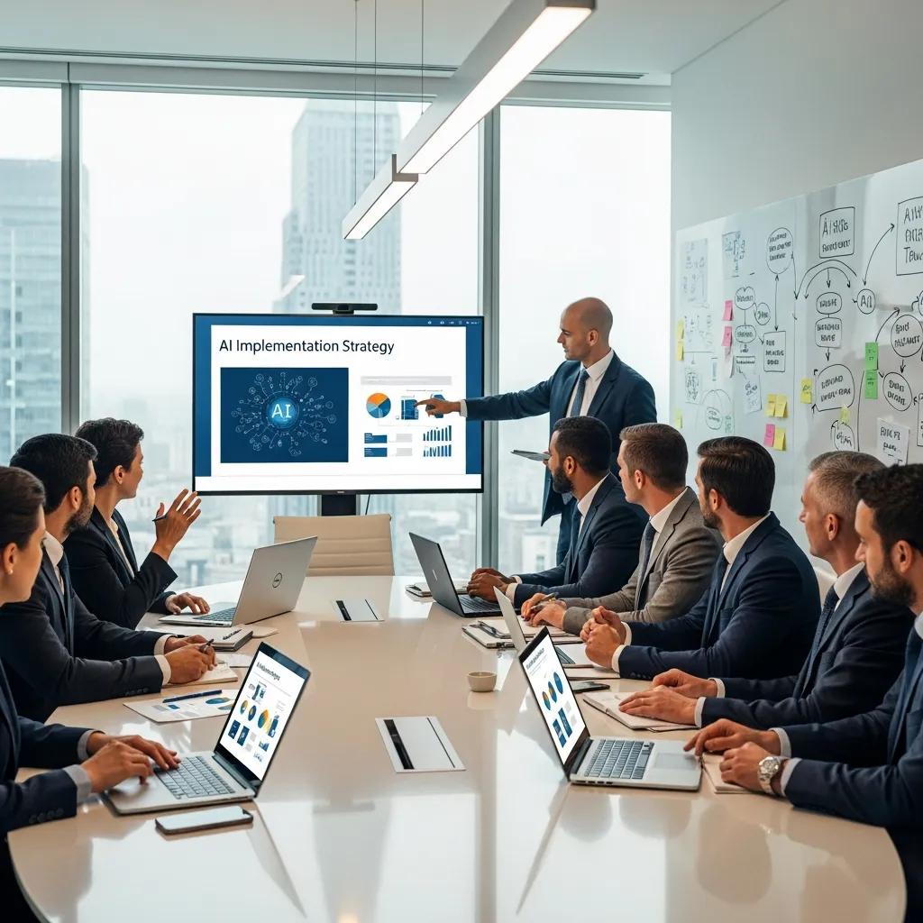 Diverse business executives collaborating on AI strategy in a modern conference room