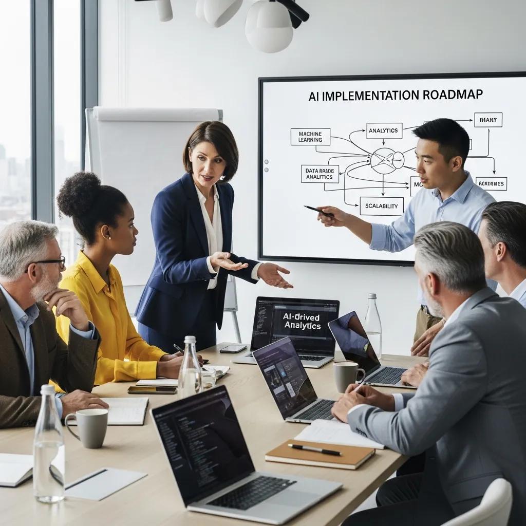 Diverse business leaders discussing AI strategy in a modern office setting