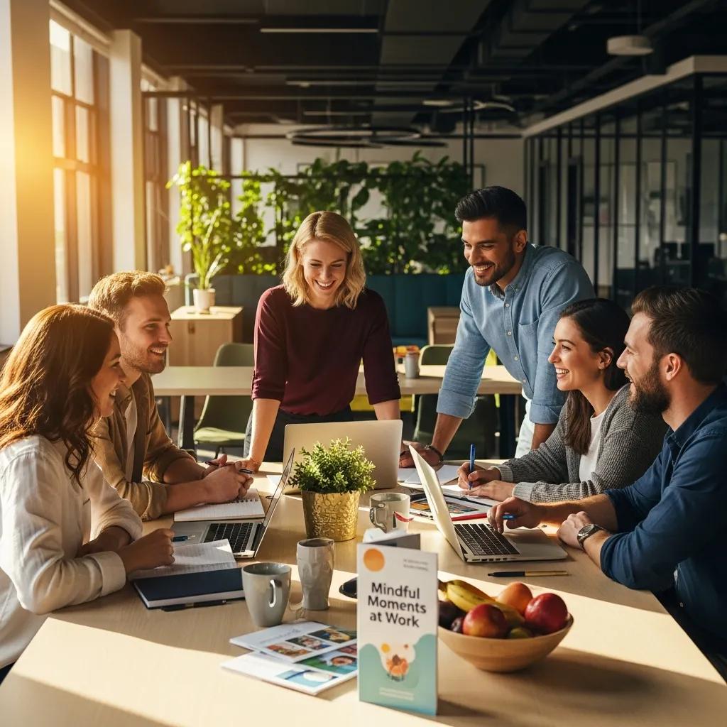 Diverse employees collaborating in a modern office, emphasizing employee wellbeing and teamwork