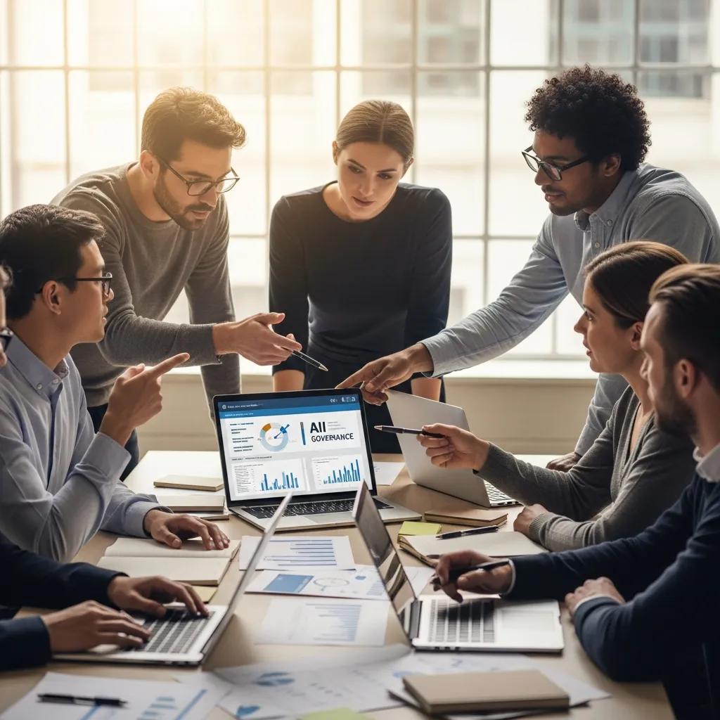 Diverse professionals collaborating on AI governance strategies in a modern office