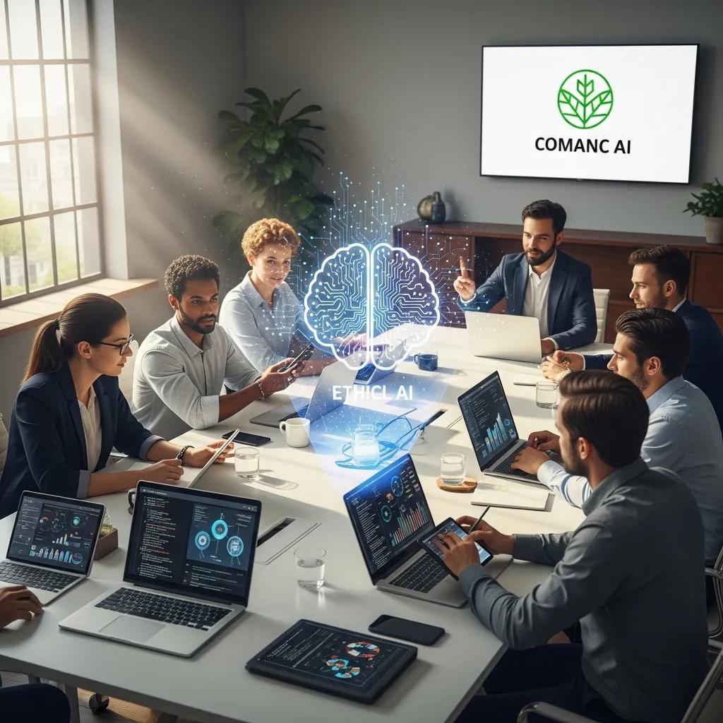 Diverse professionals collaborating on ethical AI strategies in a modern office