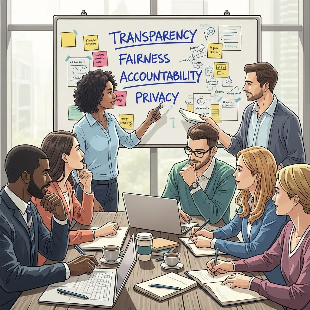 Diverse team discussing core principles of ethical AI in a collaborative workspace