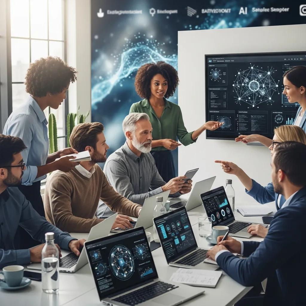 Diverse team of small business leaders discussing AI strategy in a modern office setting