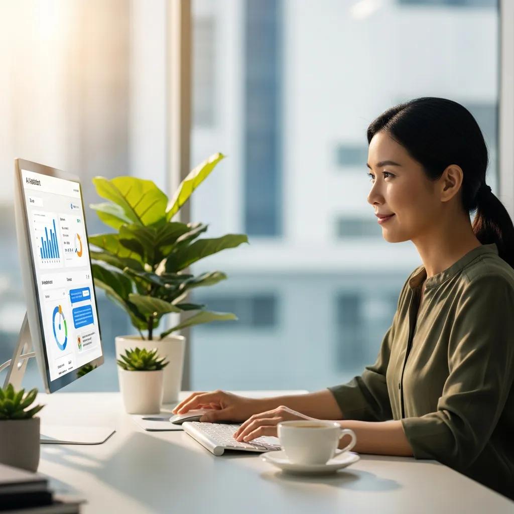 Employee using a computer with AI assistant interface, showcasing automation benefits in the workplace