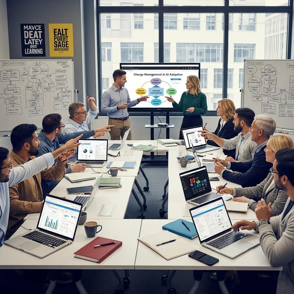 Employees participating in a hands-on AI training workshop to foster adoption and reduce resistance