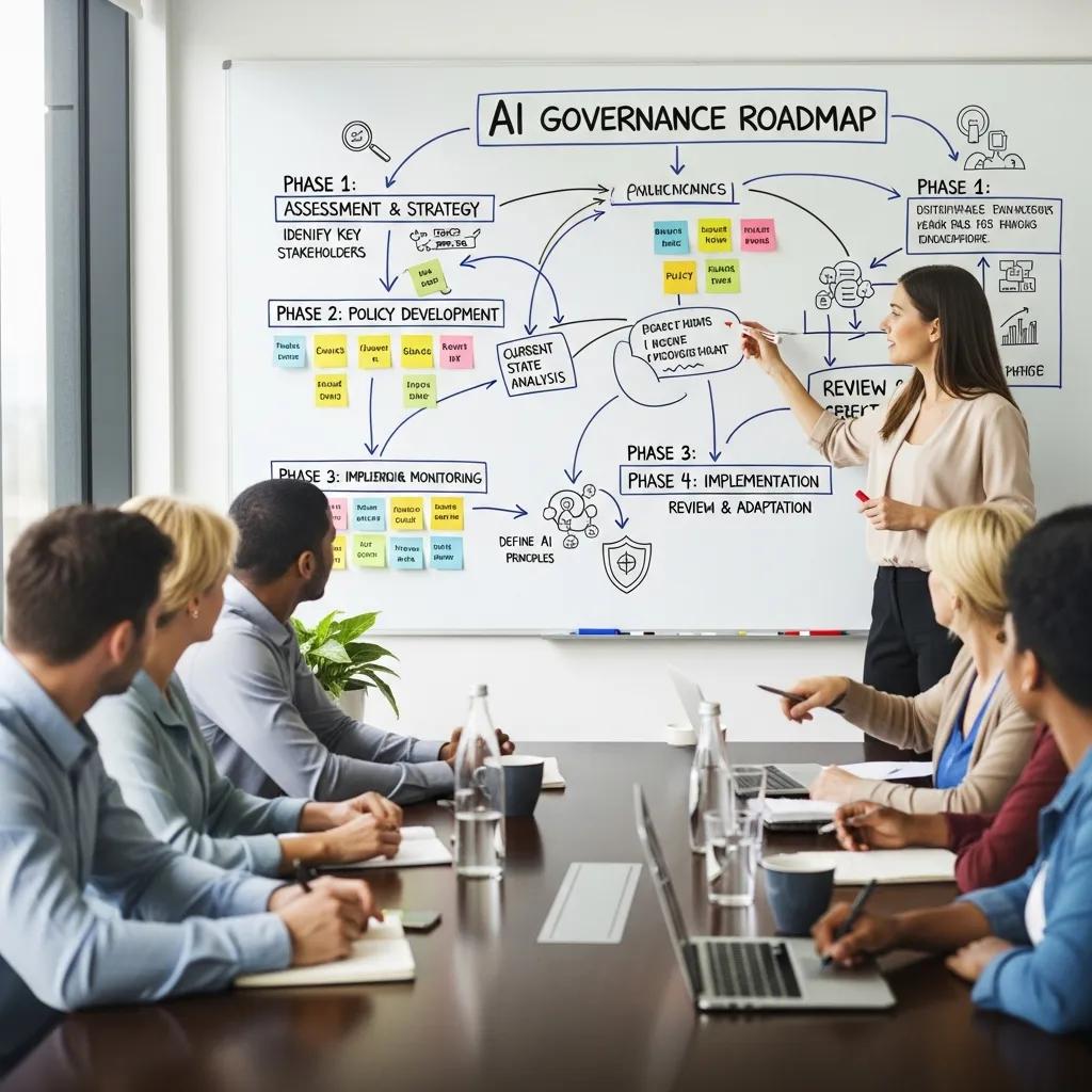 Project manager presenting an AI governance implementation roadmap to a team