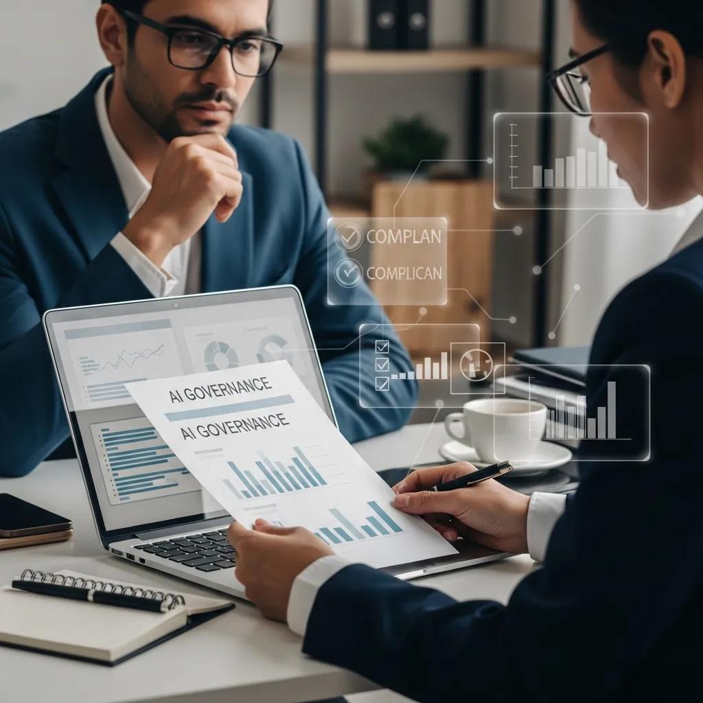 Small business manager reviewing AI governance documents in an organized office