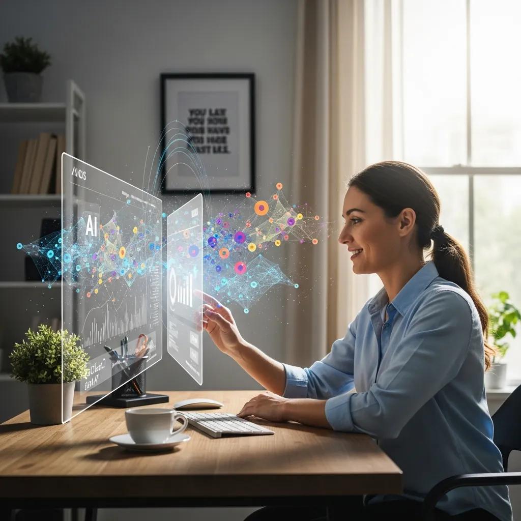 Small business owner engaging with ethical AI technology in a modern office setting