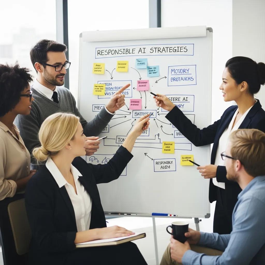 Small business team brainstorming responsible AI strategies around a whiteboard