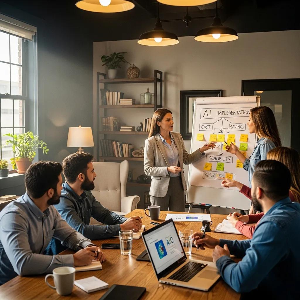 Small business team discussing AI strategies with a fractional Chief AI Officer in a cozy office