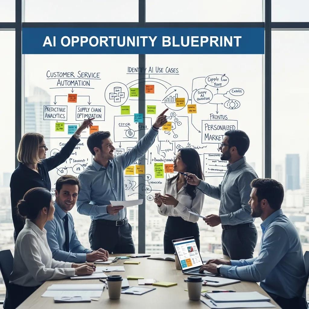 Team brainstorming AI use cases using the AI Opportunity Blueprint process in a bright office