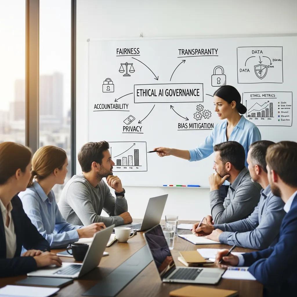 Team discussing ethical AI governance principles in a collaborative environment