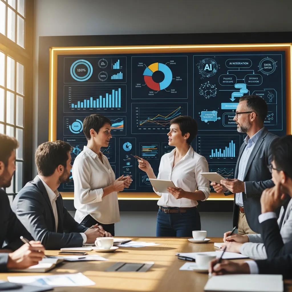 Team strategizing on AI alignment with business objectives in a collaborative environment