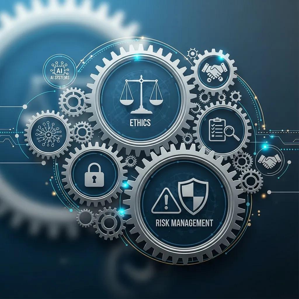 Abstract representation of an AI governance framework with interconnected gears and icons