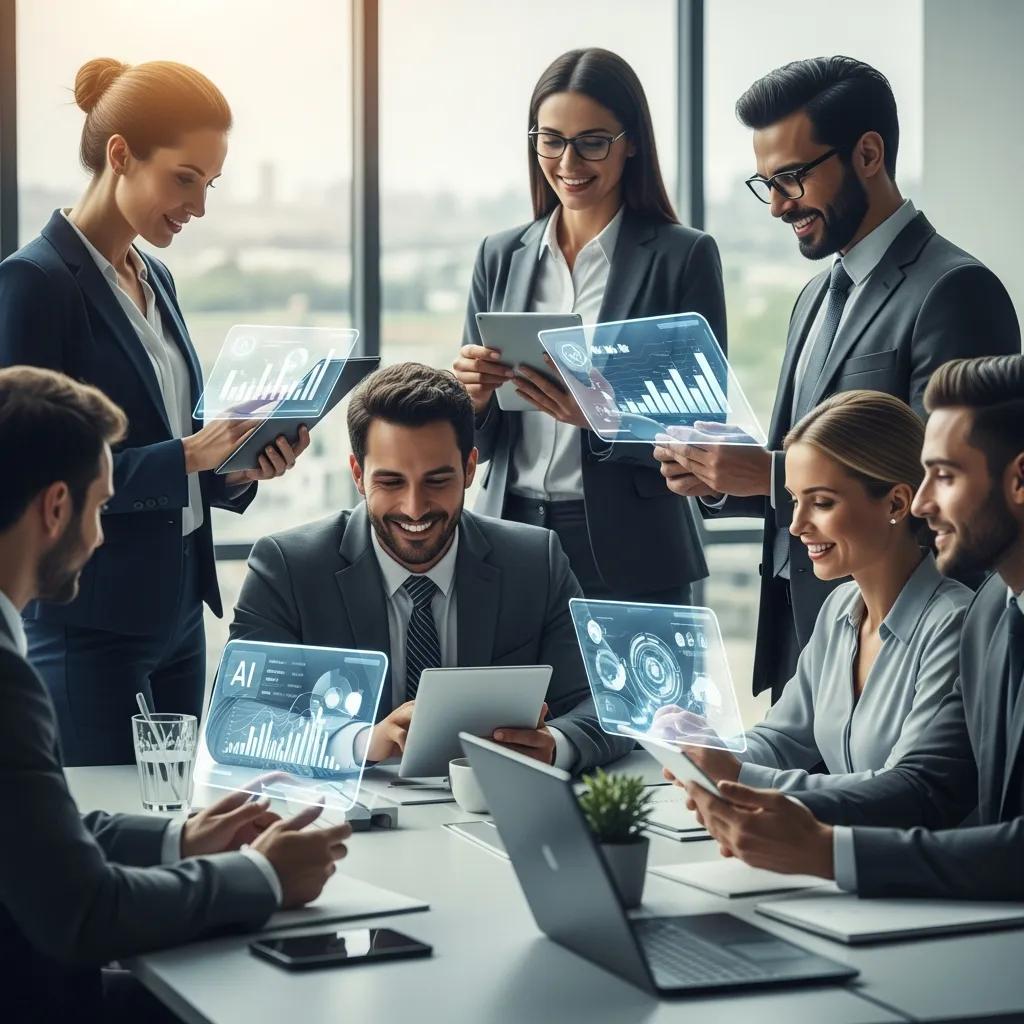 Business executives collaborating with AI technology in a modern office